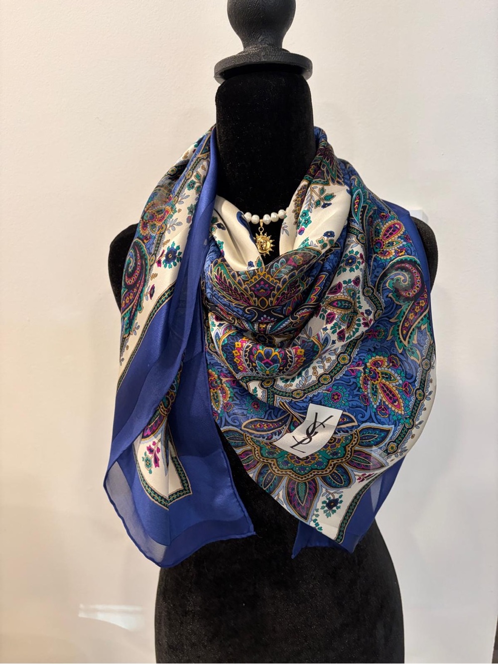 YSL Silk Scarf Blue White Paisley Logo 41 Inch Hand Rolled - Picture 3 of 11